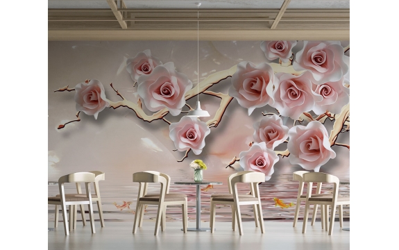 Фотообои 3D FTP-5-09-00046 Объемные розы на золотых ветках, стереоскопические цветы №2