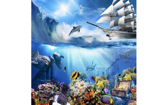 Фотообои FTP-3-14-00030 Подводный мир, обитатели моря, сокровища и белый парусный корабль на волнах