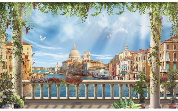 Фотообои FTP-5-14-00055-1 Панорамная терраса с колоннами, вид на Венецию с балкона